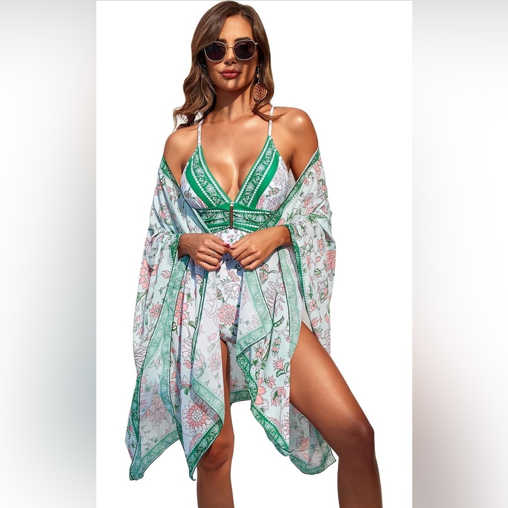 Floral Green Women's one piece Swim with Cover-Up